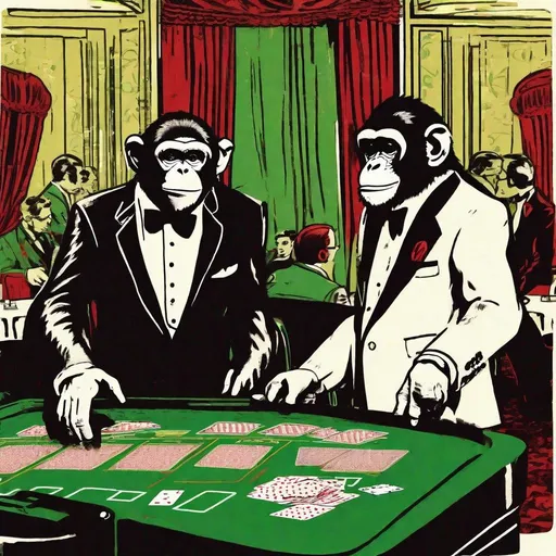 Prompt: Vintage clipart drawing of a 2 monkeys in suits exchanging a suit case for a banana, black and white, ink drawing, inside of a fancy casino, body, poker tables in background. Red, black, whites, browns. Greens and only yellow for banana combined with Risograph, hand drawn texture, simple,minimalist shapes flat colors. Human sized monkeys, serious faces!