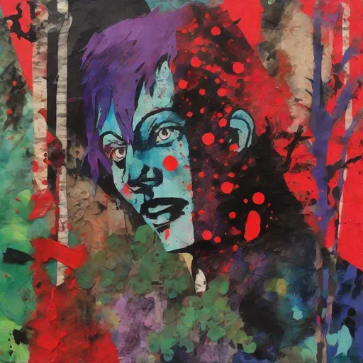 Prompt: tabloid art combined with Portrait of lambda satan, fauvism, bright colors, expressive brushstrokes, backdrop posh greens reds and purples with dots of black ink sprinkled in. Lush forestry , collage torn red highlights, cut old paper backdrop, bold brushstroke, gritty texture, light and dark blues emanating