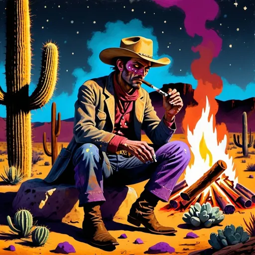 Prompt: Wild west, pulp style, cool cowboy sitting cross-legged at a campfire smoking a cigar, desert, cactus, starry night. Gritty textures, soft textures, charcoal coloring, yellow dusty gradients, light blues, dark blues, magenta, violets, orange Flames, reds. Bloodied clothes, dead bodies with bullet holes 