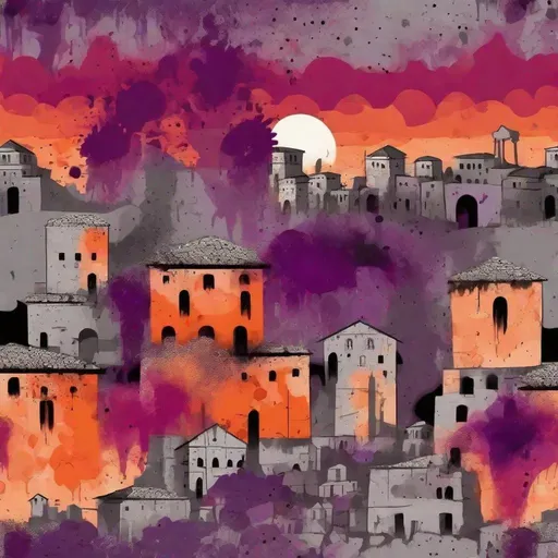 Prompt: Graffiti, splatter painting of ancient city-life in rome crimson and orange gradient background, small black dots. Grey stone buildings, flaming vineyards with purple grapes 