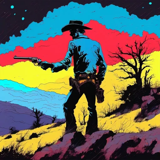 Prompt: vibrant inkpunk style, Van Goug starry night, combined with Backlit photo of a rotted cowboy holding his revolver up high after clawing out of his grave on a hill. Silhouette, dramatic, artistic, shadowy, revenge devil on the shoulder, evil atmosphere, Satan watches from distance, reds, blues, gritty textures, golden yellows, heavenly whites