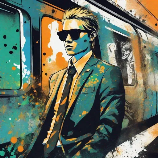 Prompt: Graffiti, splatter painting of a young man with blond parted hair, black sunglasses, nice suit. Shaded colours, charcoal, vector t-shirt art, gritty textures, orange atmosphere, green splatter, creeping blue hues, gray walls, white streaks, city life, underground train station. gradient background, small black dots, fire 