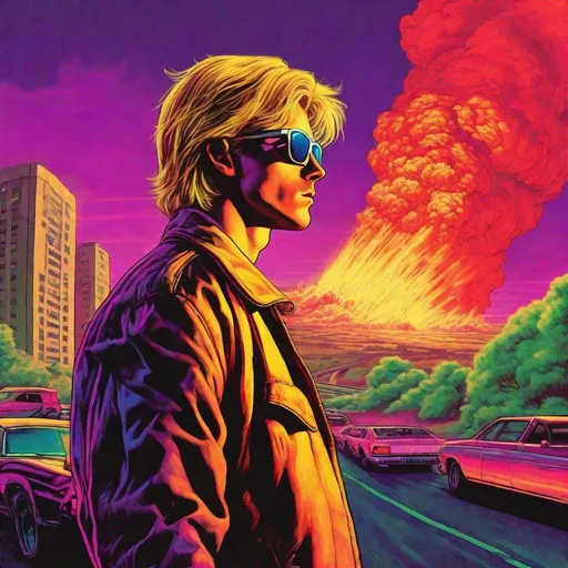 Prompt: retro 80s art, young blonde man parted hair, sunglasses looks at nuclear explosion down a highway with a pose,retro art, synthwave, city view in the background, highly detailed, fires, death, sense of dread, yellows, greens, blues, reds, violets, Crimson, sunset orange, static 