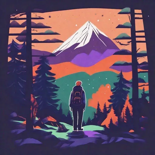 Prompt: Photo of a lone wanderer in the style of Paul Barson, combined with Risograph night sky in orange, purples and dark blue, hand drawn texture, simple,minimalist shapes flat colors. Huge backpack. Smoking cigarette. Mountain range in background, lots of trees, scenic view, lots of green trees. White snow. Cozy Campfire 