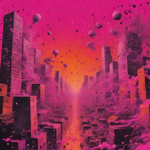 Prompt: Graffiti, splatter painting of city-life, magenta and orange gradient background, small black dots combined with miniature isometric world render, a densely populated city at dawn, nuke from distance, Shockwave from nuke destroys city, biblically accurate angels watches chaos unfold. 