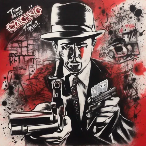 Prompt: A rough charcoal drawing combined with Graffiti, splatter painting of the inside of a busy cacino in the 1950s, black ,red and white gradient background, small black dots, a shoot out just broke out and gamblers in rich suits pull out Tommy guns and shoot out the text : RATA TAT TAT! 