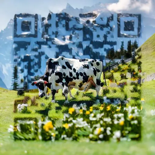 Prompt: A Swiss Holstein cow is peacefully grazing in a beautiful Swiss Alps landscape.