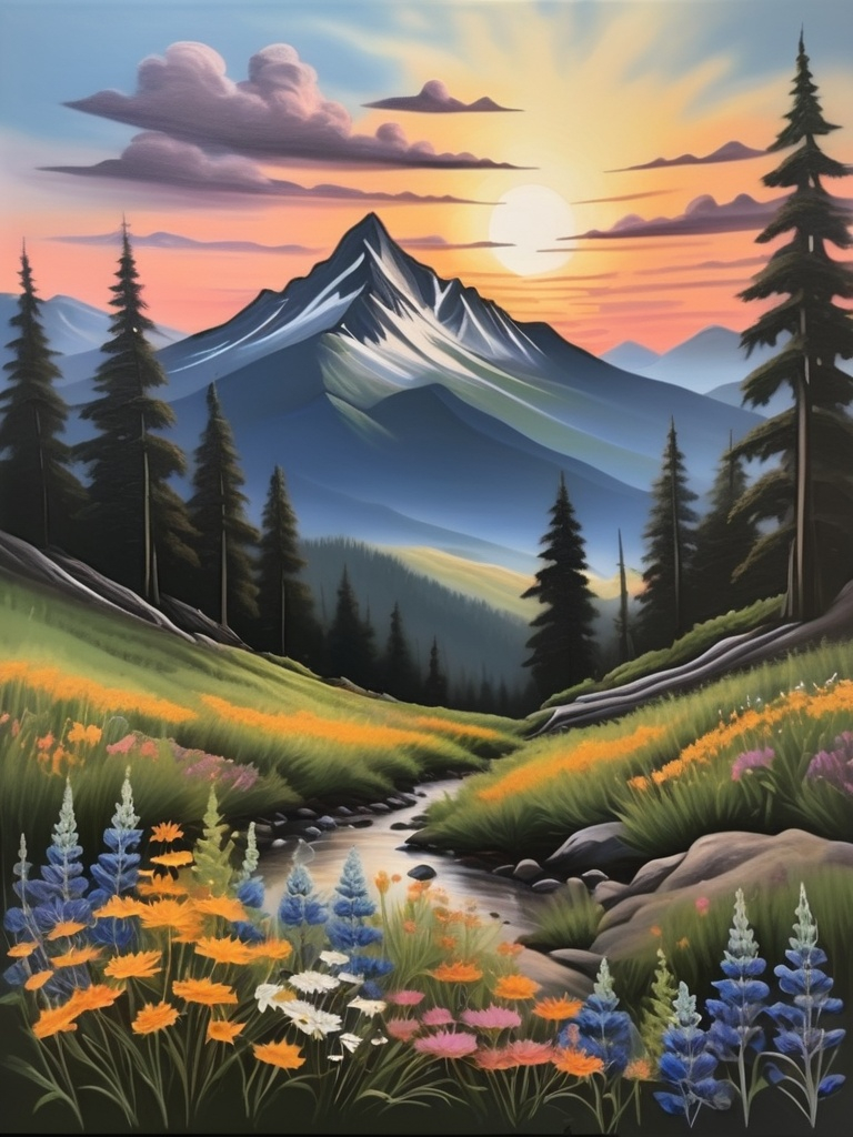 Prompt: a painting of a mountain scene with realistic wildflowers and trees in the foreground and a sunset sky, acrylic painting

