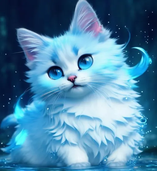 Prompt: Cute, blue, fluffy, liquid cat, possessing the element of water and making circles of water move around in the air in a magical way. Perfect features, extremely detailed, realistic. Krenz Cushart + loish +gaston bussiere +craig mullins, j. c. leyendecker +Artgerm.