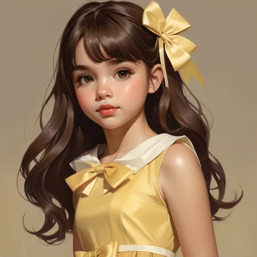 Prompt: A girl with chocolate brown hair that goes all the way down to her bottom, hazel brown eyes and light tan skin wearing light yellow dress that goes just below her knees, wearing a light yellow ombre bow. Cute, Krenz Cushart + loish +gaston bussiere +craig mullins, j. c. leyendecker +Artgerm. 