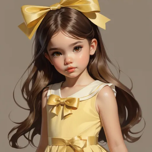 Prompt: A girl with chocolate brown hair that goes all the way down to her bottom, hazel brown eyes and light tan skin wearing light yellow dress that goes just below her knees, wearing a light yellow ombre bow. Cute, Krenz Cushart + loish +gaston bussiere +craig mullins, j. c. leyendecker +Artgerm. 