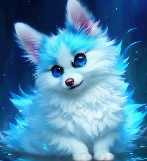 Prompt: Cute, blue, fluffy, liquid dog, possessing the element of water and making circles of water move around in the air in a magical way. Perfect features, extremely detailed, realistic. Krenz Cushart + loish +gaston bussiere +craig mullins, j. c. leyendecker +Artgerm.