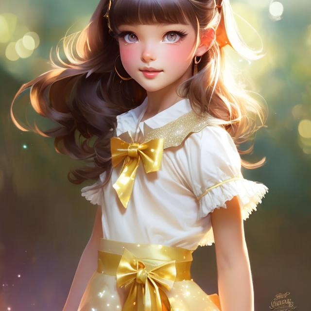 Prompt: A girl with chocolate brown hair that goes all the way down to her bottom, hazel brown eyes and light tan skin wearing glittering light yellow dress that goes just below her knees, wearing a light yellow ombre bow. Cute, Krenz Cushart + loish +gaston bussiere +craig mullins, j. c. leyendecker +Artgerm. 