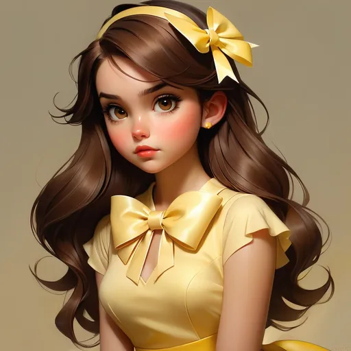 Prompt: A girl with chocolate brown hair that goes all the way down to her bottom, hazel brown eyes and light tan skin wearing light yellow dress that goes just below her knees, wearing a light yellow ombre bow. Cute, Krenz Cushart + loish +gaston bussiere +craig mullins, j. c. leyendecker +Artgerm. 