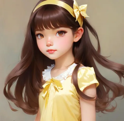 Prompt: A girl with chocolate brown hair that goes all the way down to her bottom, hazel brown eyes and light tan skin wearing light yellow dress that goes just below her knees, wearing a light yellow ombre bow. Cute, Krenz Cushart + loish +gaston bussiere +craig mullins, j. c. leyendecker +Artgerm. 