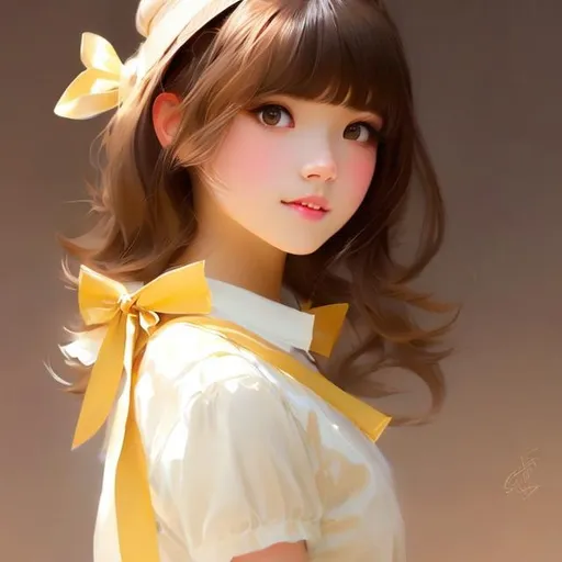 Prompt: A girl with chocolate brown hair that goes all the way down to her bottom, hazel brown eyes and light tan skin wearing light yellow dress that goes just below her knees, wearing a light yellow ombre bow. Cute, Krenz Cushart + loish +gaston bussiere +craig mullins, j. c. leyendecker +Artgerm. 