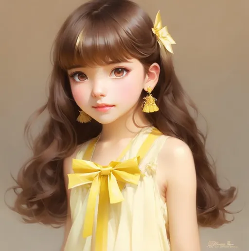 Prompt: A girl with chocolate brown hair that goes all the way down to her bottom, hazel brown eyes and light tan skin wearing light yellow dress that goes just below her knees, wearing a light yellow ombre bow. Cute, Krenz Cushart + loish +gaston bussiere +craig mullins, j. c. leyendecker +Artgerm. 