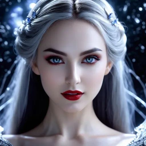 Prompt: Enchanted, Radiant, Majestic, 3D, HD, Cinematic lighting, (Beautiful {vampire}Female, {liquid}silver jade ivory sapphire), expansive starry background beautiful dark chaos, hyper realistic, 8K --s98500