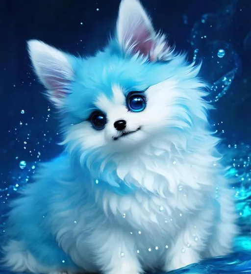 Prompt: Cute, blue, fluffy, liquid dog, possessing the element of water and making circles of water move around in the air in a magical way. Perfect features, extremely detailed, realistic. Krenz Cushart + loish +gaston bussiere +craig mullins, j. c. leyendecker +Artgerm.