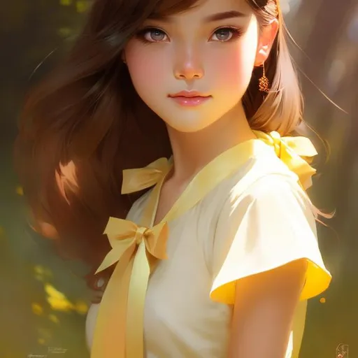 Prompt: A girl with chocolate brown hair that goes all the way down to her bottom, hazel brown eyes and light tan skin wearing light yellow dress that goes just below her knees, wearing a light yellow ombre bow. Cute, Krenz Cushart + loish +gaston bussiere +craig mullins, j. c. leyendecker +Artgerm. 