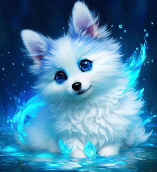 Prompt: Cute, blue, fluffy, liquid dog, possessing the element of water and making circles of water move around in the air in a magical way. Perfect features, extremely detailed, realistic. Krenz Cushart + loish +gaston bussiere +craig mullins, j. c. leyendecker +Artgerm.