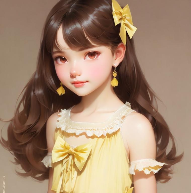 Prompt: A girl with chocolate brown hair that goes all the way down to her bottom, hazel brown eyes and light tan skin wearing light yellow dress that goes just below her knees, wearing a light yellow ombre bow. Cute, Krenz Cushart + loish +gaston bussiere +craig mullins, j. c. leyendecker +Artgerm. 