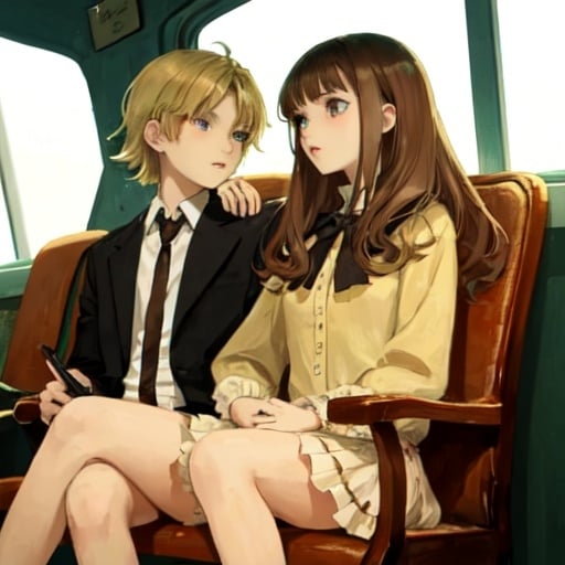 Prompt: a brunette girl sitting next to a blonde boy both twelve


