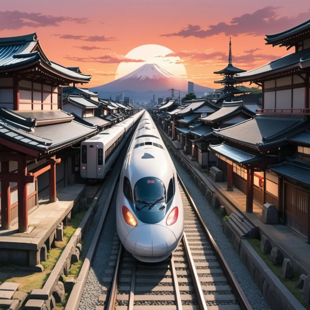 Prompt: Anime Japanese bullet train travelling through ancient Japanese city with shrines, temples  and Japanese grave yard at sunset 