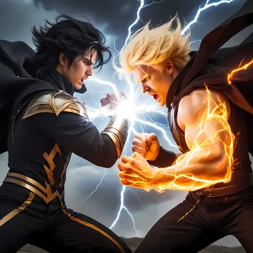 Prompt: a black haired man with the ability of lightning and fire claws fighting another blonde man with the ability of barrier