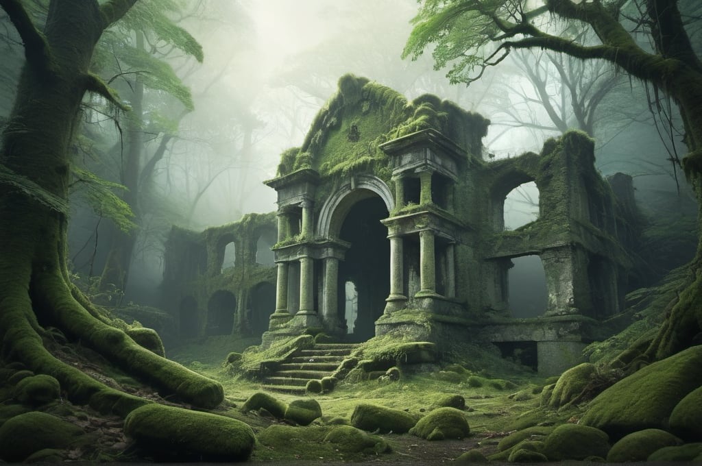 Prompt: Dreamy landscape of forgotten ruins, misty forest, high quality, detailed rendering, surreal scene, dramatic lighting effects, mystery, nostalgia, atmospheric, detailed moss-covered ruins, misty atmosphere, surreal, highres, ultra-detailed, dreamy, mystical, dramatic lighting, nostalgic, detailed foliage, ruins nestled, forest setting