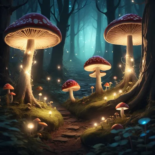 Prompt: "Craft a whimsical illustration of a magical forest where trees whisper secrets and mushrooms glow with fairy light, with high quality, detailed rendering that brings the scene to life, illuminated by dramatic lighting effects that evoke the sense of mystery and wonder."