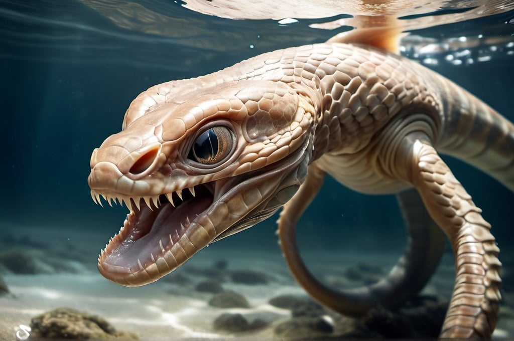 Prompt:  "Create an image of a colossal, serpentine alien creature slithering through the crystalline waters of an alien ocean. Utilize shimmering, iridescent textures to convey the creature's otherworldly beauty, with soft, diffused lighting casting mesmerizing reflections across its scales. The camera angle should be underwater, capturing the creature's graceful movement through the depths."photo raelistic, surreal, hyper real