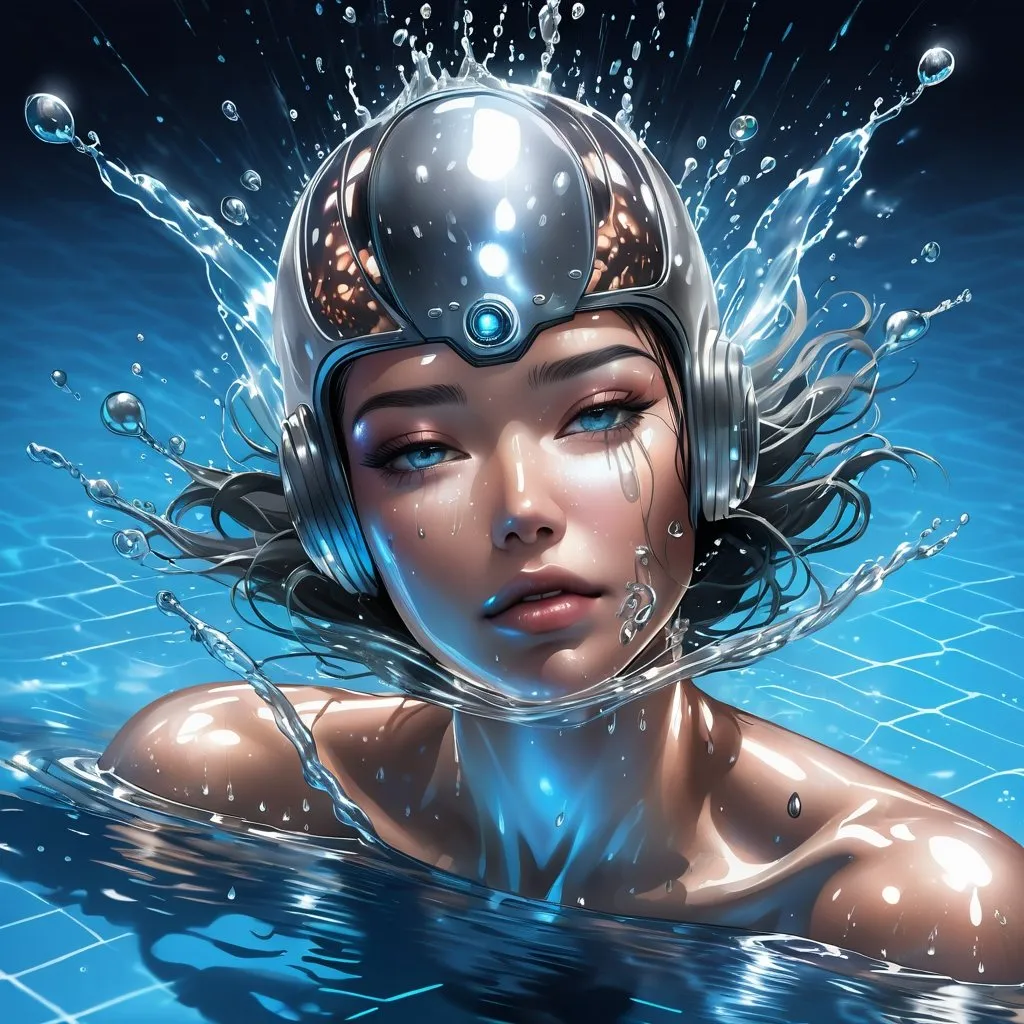 Prompt: A person with transparent skin, floating in liquid metal, swimming pool, with a cyber head, drops of water over hid head, 