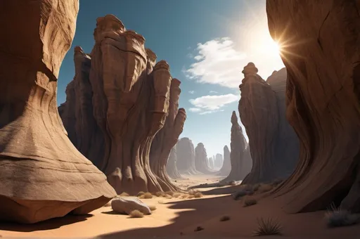 Prompt: surreal desert canyon landscape, floating rock formations, high quality, detailed rendering, dramatic lighting effects, mysterious atmosphere, wonder-inducing, surreal, detailed rocks, professional rendering, atmospheric lighting, desert landscape, detailed shadows, otherworldly, highres, detailed textures, majestic, grand scale