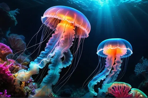 Prompt: Surreal underwater world of bioluminescent jellyfish and iridescent coral, vivid colors, fantastical elements, stunning detail, dramatic lighting effects, magic and mystery, high quality, detailed, surreal, underwater, bioluminescent jellyfish, iridescent coral, vivid colors, fantastical, dramatic lighting, deep sea, magical