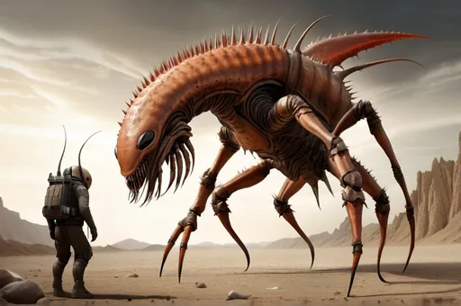 Prompt: Prompt: "Imagine a crustacean-like alien creature with a spiky exoskeleton and multiple appendages. Rendered with rugged textures and vibrant colors, incorporate dynamic lighting effects to simulate the creature's formidable appearance, with soft, diffused lighting highlighting the intricate details of its alien armor. The camera angle should be low, capturing the creature's imposing silhouette against the backdrop of an alien landscape." photo realistic, surreal, hyper-real, detailed textures