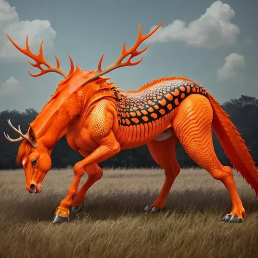 Prompt: a creature similar to a horse but reptilian, orange and red scales, antlers, meadowland in background