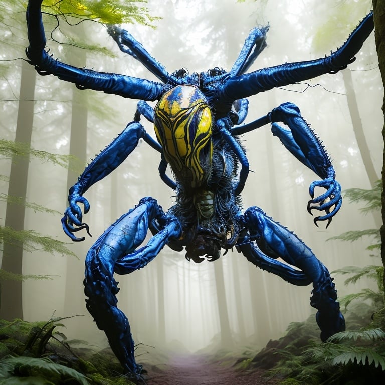 Prompt: a giant alien spider, D&D, yellow and blue, forest in background, watercolor :: masterpiece :: biological :: muted brush stroke :: by Ruan Jia :: by Travis Charest :: by Yoji Shinkawa :: elaborate :: intricate :: hyper detailed :: 8k resolution :: concept art :: dynamic lighting :: Splash Screen art :: deep colors :: zoom out :: wide angle lens