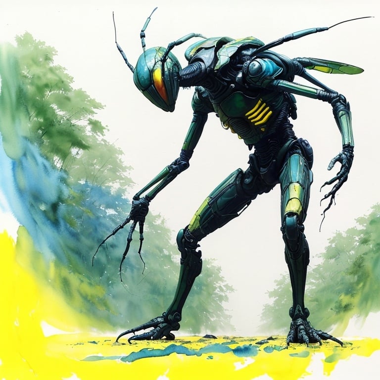 Prompt: a giant alien insect, yellow and blue, forest in background, watercolor :: masterpiece :: biological :: muted brush stroke :: by Ruan Jia :: by Travis Charest :: by Yoji Shinkawa :: elaborate :: intricate :: hyper detailed :: 8k resolution :: concept art :: dynamic lighting :: Splash Screen art :: deep colors :: zoom out :: wide angle lens