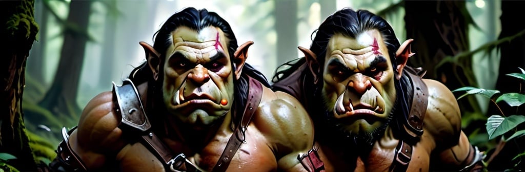 Prompt: three D&D style orcs, photorealistic, emerging from a dark forest