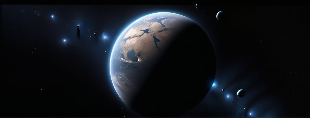 Prompt: a blue planet seen from deep space, several tiny moons in orbit around the planet