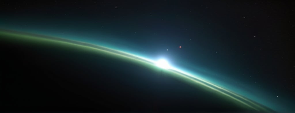 Prompt: a green-blue moon in orbit around a gas giant seen from deep space