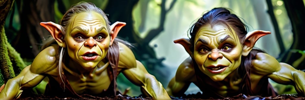Prompt: D&D style goblins and trolls, photorealistic, emerging from a dark forest