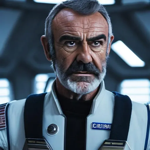 Prompt: A male space captain with dark hair and a short beard who resembles Sean Connery in the movie Outland