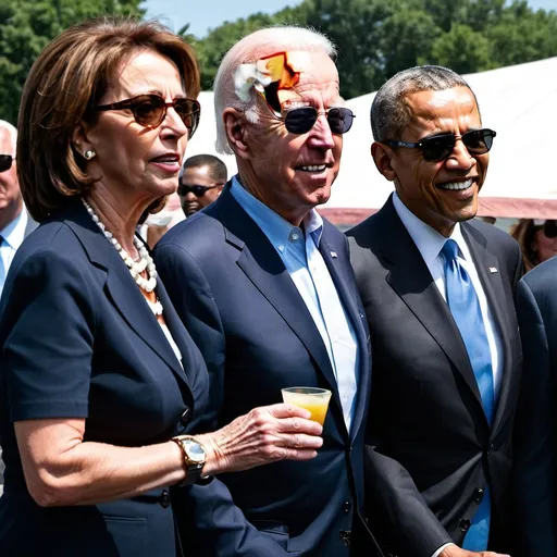 Prompt: Joe Biden with sun glasses on in the style of Weekend at Bernies with Nancy Pelosi on his left side and Barak Obama on his right side