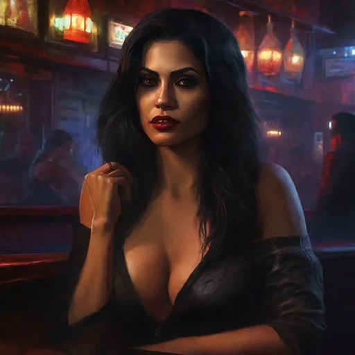 Prompt: digital painting, character portrait, Eva Andressa Vieira, barely any clothing, muted sleazy dive bar background, half body, eerie, mysterious, dangerous, shifty, hyperdetailed, ultra-realistic, cinematic lighting, UHD, style of VtM, Vampire the Masquerade, World of Darkness,