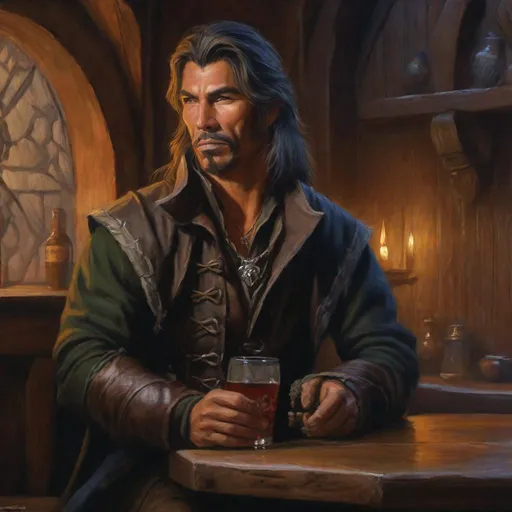 Prompt: oil painting, character portrait, George Lynch as a fantasy rogue, muted tavern interior background, half body, highres, detailed, mysterious, eerie, D&D, DnD, Pathfinder, style of Ravenloft, by Todd Lockwood,