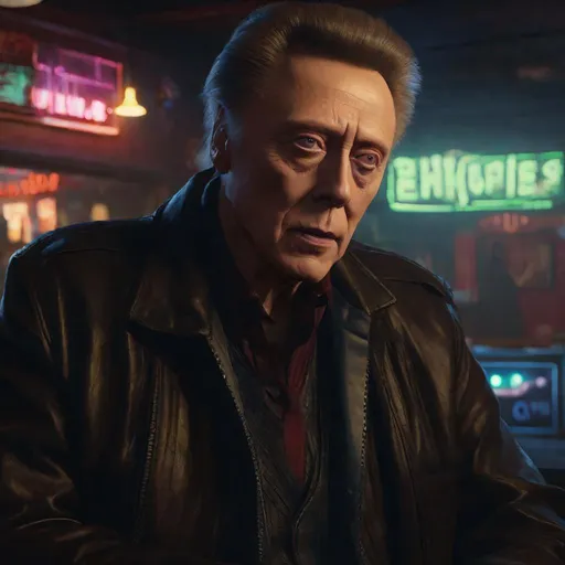 Prompt: digital painting, character portrait, Christopher Walken, muted dive bar background, half body, eerie, mysterious, dangerous, shifty, hyperdetailed, ultra-realistic, cinematic lighting, unreal engine 5, octane render, UHD, style of VtM,