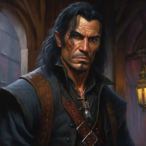 Prompt: oil painting, character portrait, Stephen Pearcy as a fantasy rogue, muted tavern interior background, dark and moody, angry expression, half body, highres, detailed, mysterious, eerie, D&D, DnD, Pathfinder, style of Ravenloft, by Todd Lockwood,