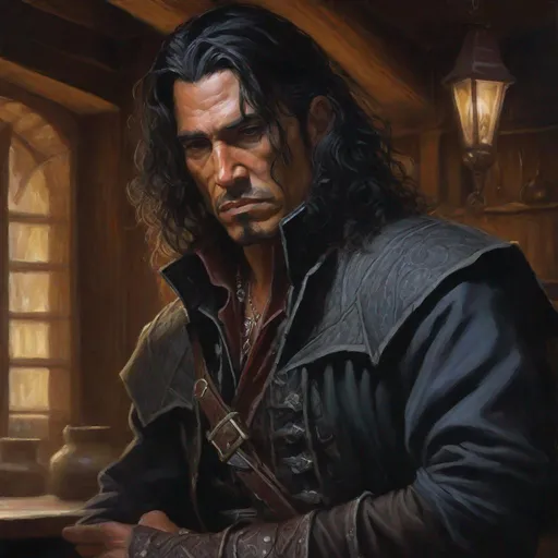 Prompt: oil painting, character portrait, Stephen Pearcy as a fantasy rogue, muted tavern interior background, dark and moody, angry expression, half body, highres, detailed, mysterious, eerie, D&D, DnD, Pathfinder, style of Ravenloft, by Todd Lockwood,